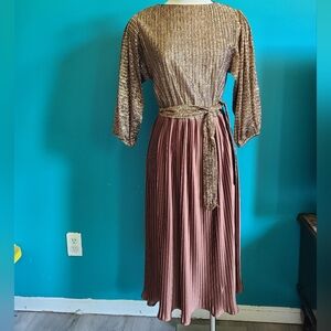 Womens Vintage Bronze Metallic Pleated Cocktail Dress Size Medium 70s 80s retro